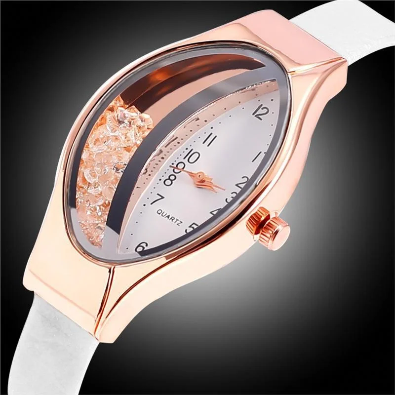 Elegant Women Crystal Oval Dial Quartz Wrist Watches Lady Leather Strap  Casual Watch Gift