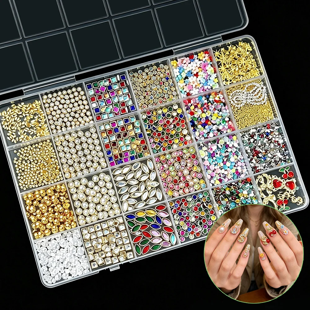 DIY Nail Art Decorations 24 Grids Set with 3D Flat Back Nail Charms Vintage Pendants Star Flower Pearl Rhinestone Gems and Tools view 3