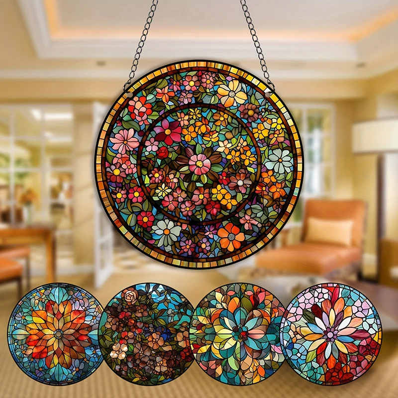 Mandala Window Hangings Suncatcher Round Stained Acrylic Pendant for Home Garden Office Wall Art Decoration Car Gifts Ornament