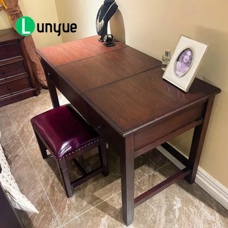 American Simple Solid Wood Dresser with Flip Mirror Storage Drawer Classic Bedroom Makeup Vanity Table Furniture