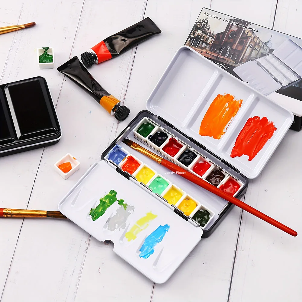 Empty Watercolor Palette Paint Tray with 14 Half Pans - Sturdy Empty Watercolor Palette Tin - Travel Watercolor Palette with Lid