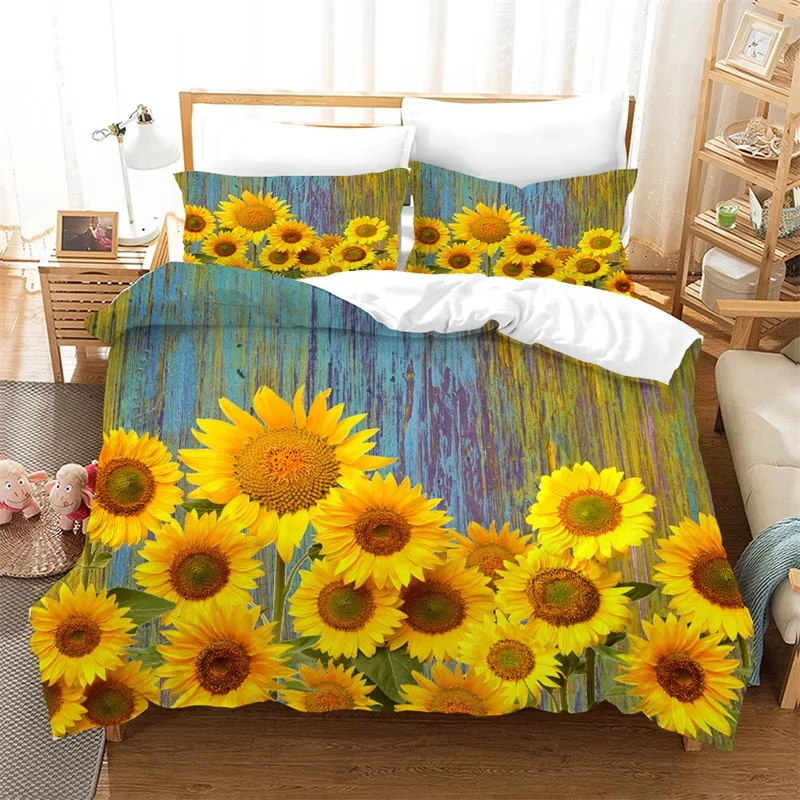 Sunflower Duvet Cover Yellow Floral Bedding Set for Girls Women Twin Queen Size,Botanical Leaves Blossom Flowers Comforter Cover