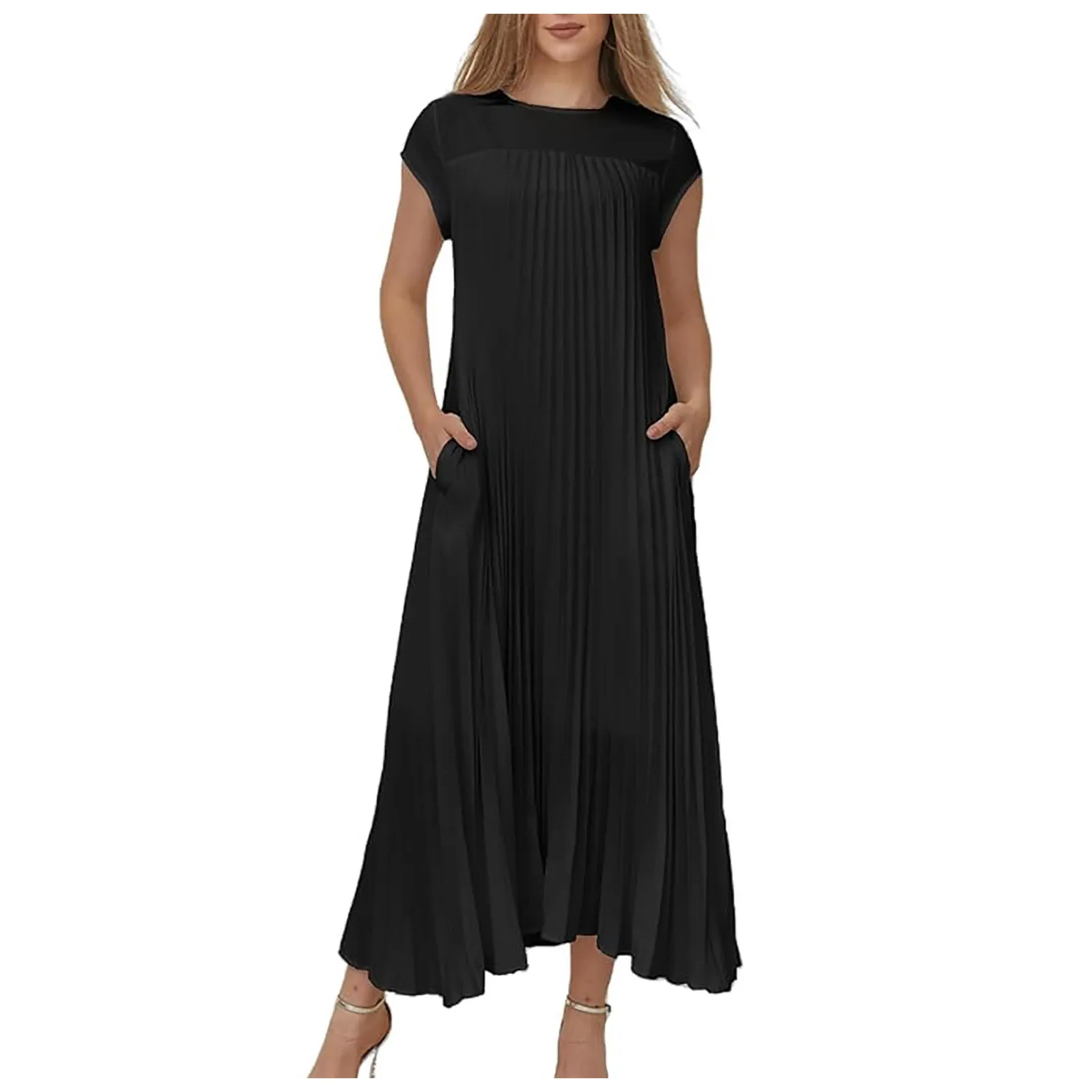 Women's Fashion Pleated Long Dress Summer Round Neck Short Sleved Solid Color Maxi Dress Female Loose Fit Ankle Length Dresses