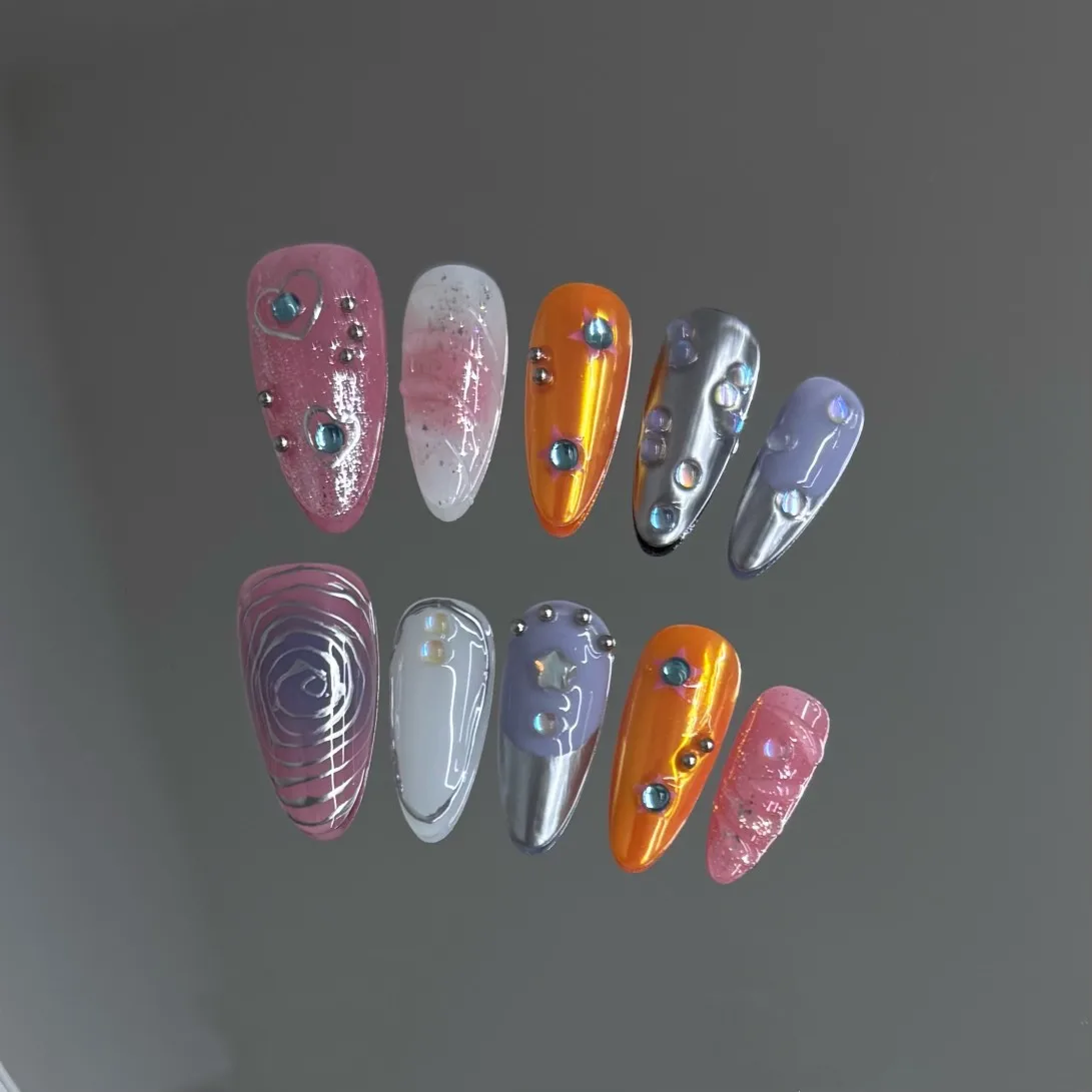 

10pcs Almond Handmade Press on Nails Summer Fake Nails with 3D Ocean Design False Nails Artificial Nail Накладные Ногти Uñas 네일팁