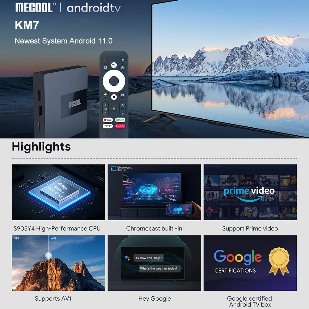 Mecool KM7 Plus ATV Google Certified Android 11.0 TV Box KM7 Amlogic S905Y4 DDR4 Androidtv 11 Dual WiFi 4K Netflix Set Top Box