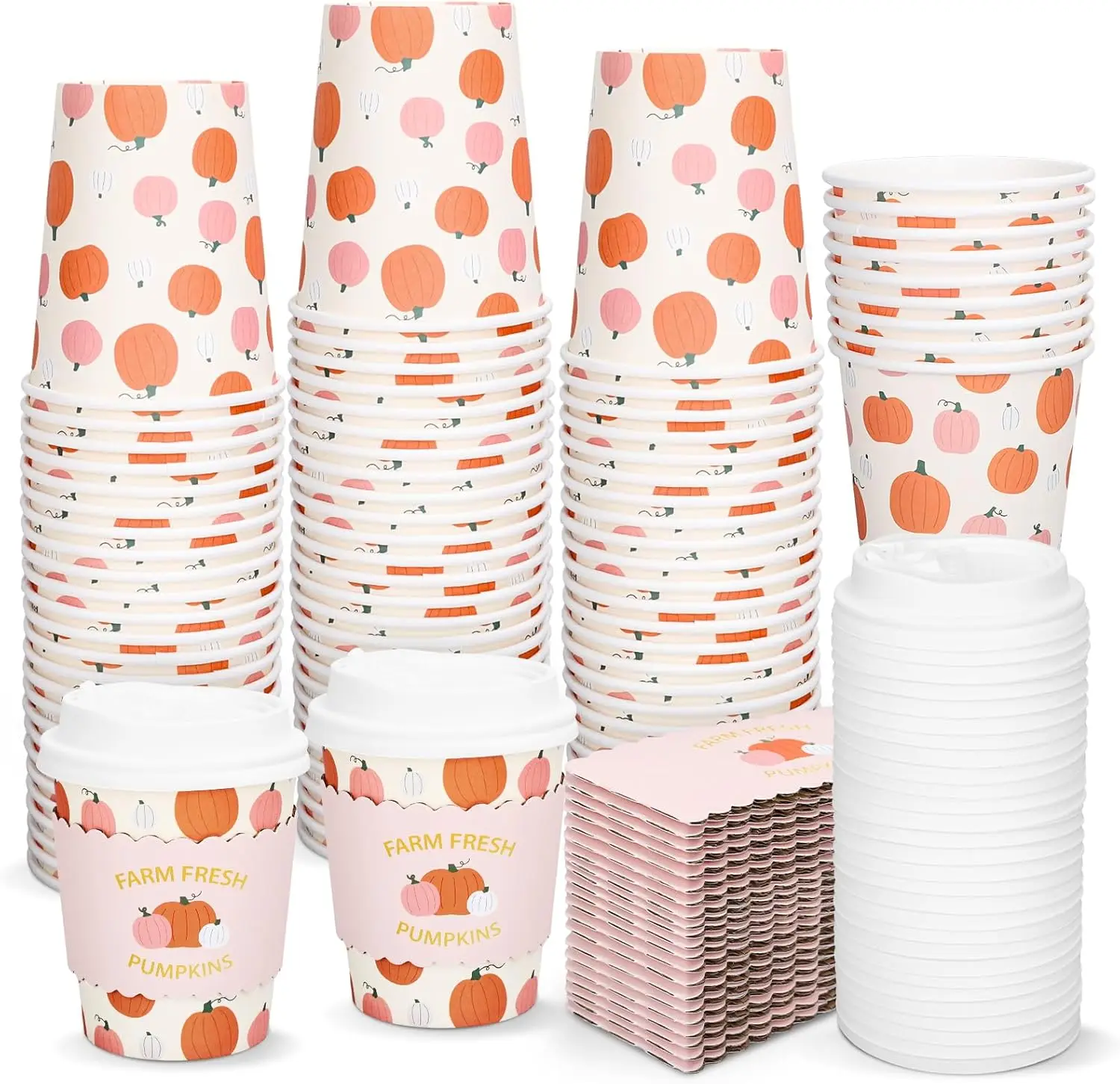 

50Pcs 8Oz Fall Thanksgiving Disposable Coffee Cups with Lids and Sleeves Cute Pink Orange Pumpkin Paper Drinking Cups fo