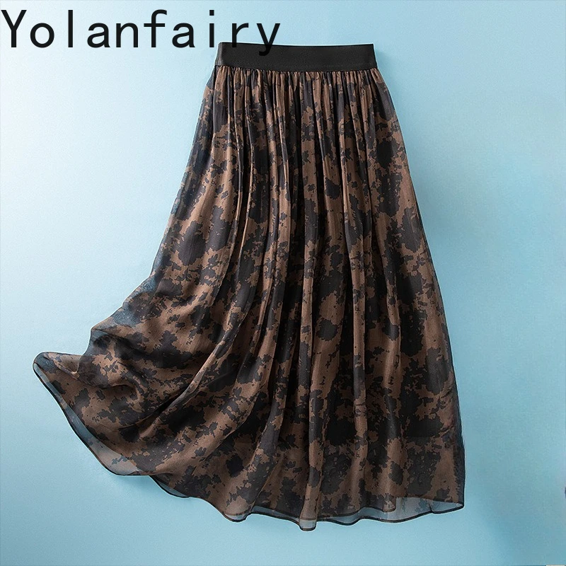 YOLANFAIRY New Fashion 100% Real Mulberry Silk Skirt for Woman Summer Elegant Skirt High Elastic Waist Skirts Long Printed Skirt