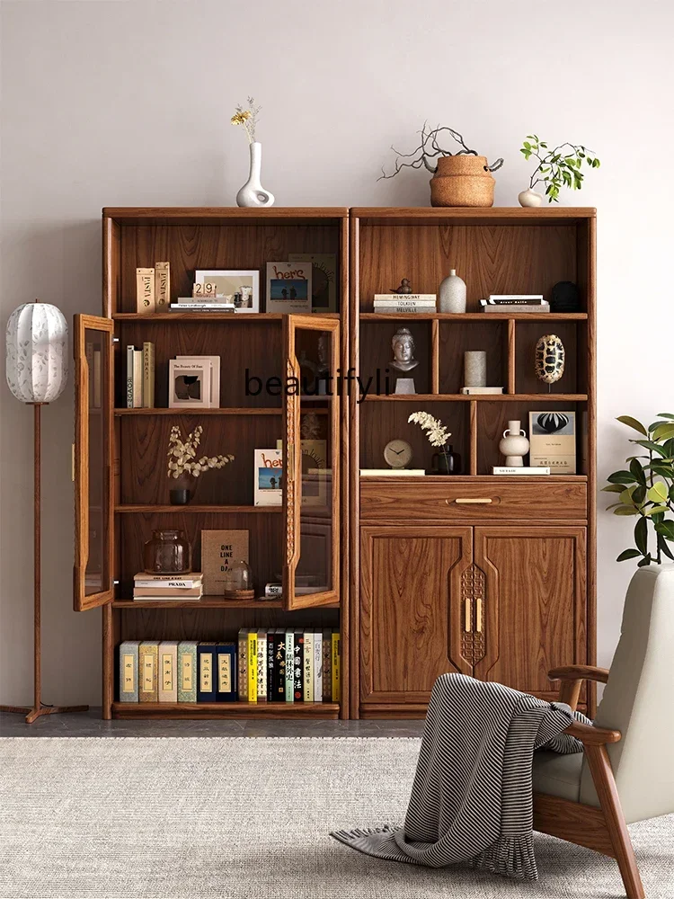 

xzqNew Chinese-style elm solid wood bookcase against the wall floor bookshelf, combination living room locker