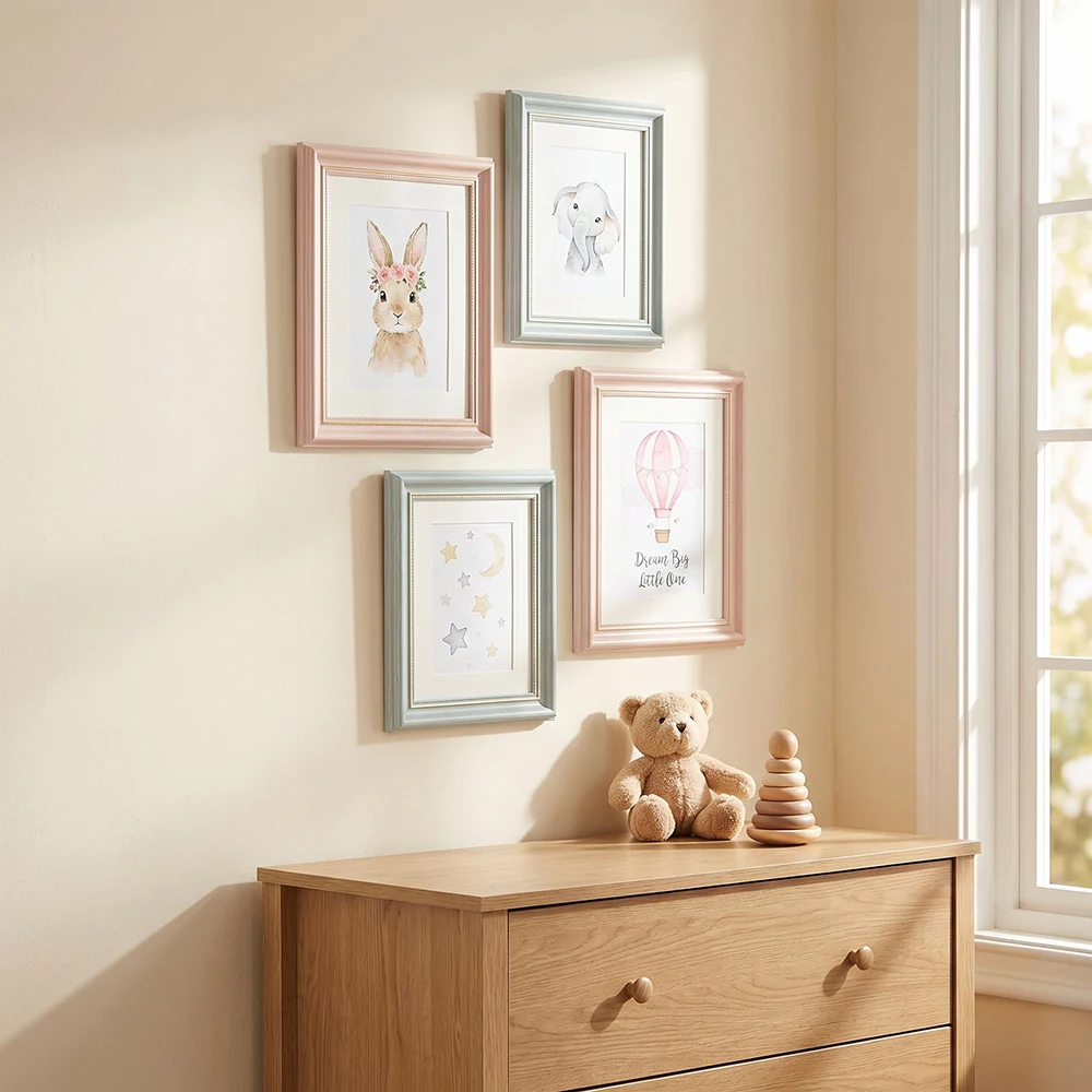 2 Pack Pastel Pink & Blue Picture Frames With Mat A4 Morandi Color Photo Frame With Gold Beaded Trim Cute Decor for Baby Room