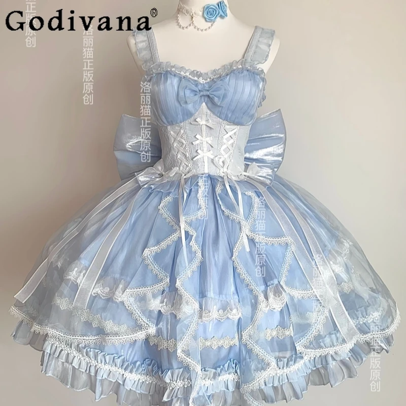 

S-2XL Sweet Girl JSK High Waist Lace Ruffles Princess Dress Summer New Lace-up Bow Square Neck A-line Party Temperament Dresses