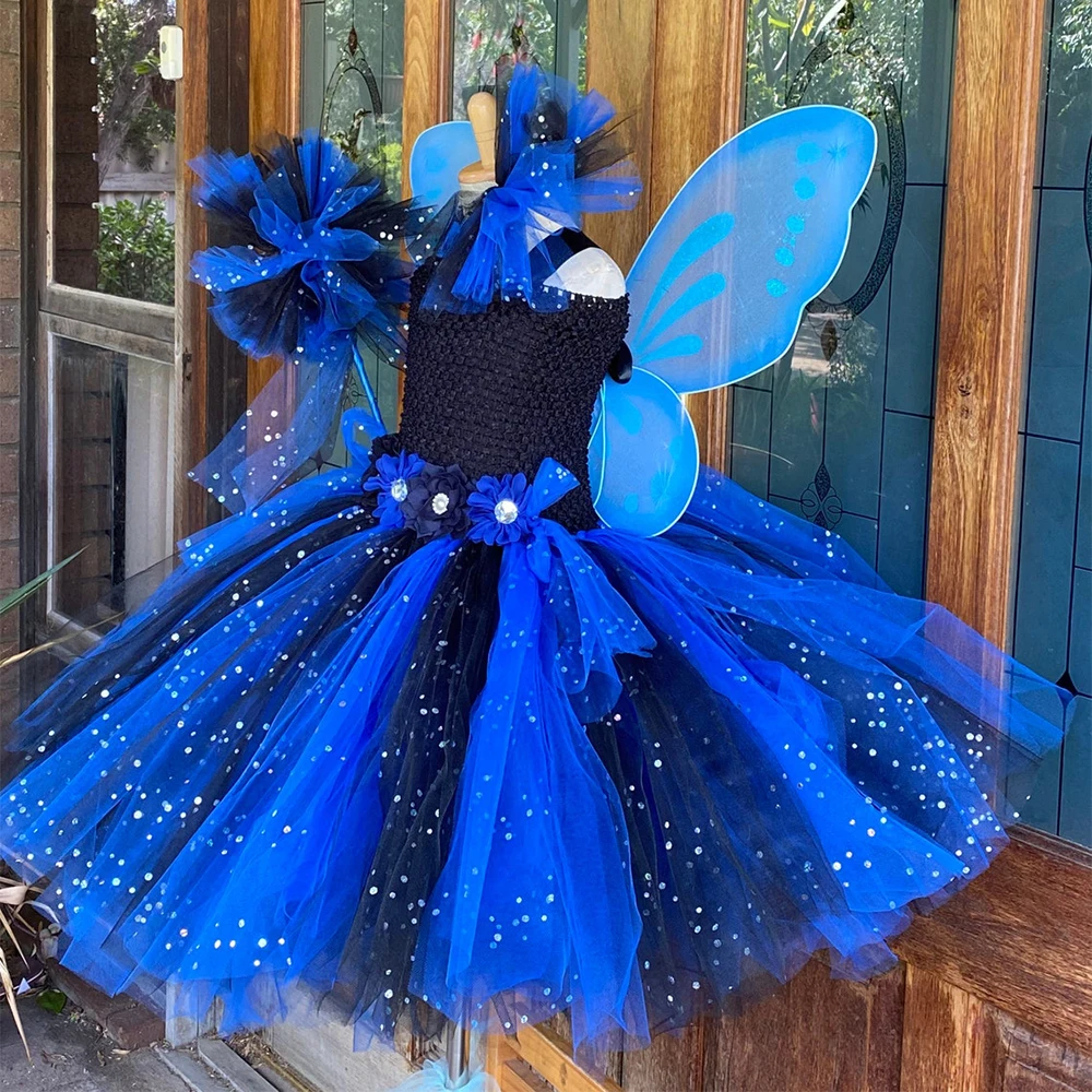 Baby Girls Blue Black Glitter Tutu Dress Kids Flower Fairy Dresses with Butterfly Wing Stick Hairbow Set Children Party Costumes