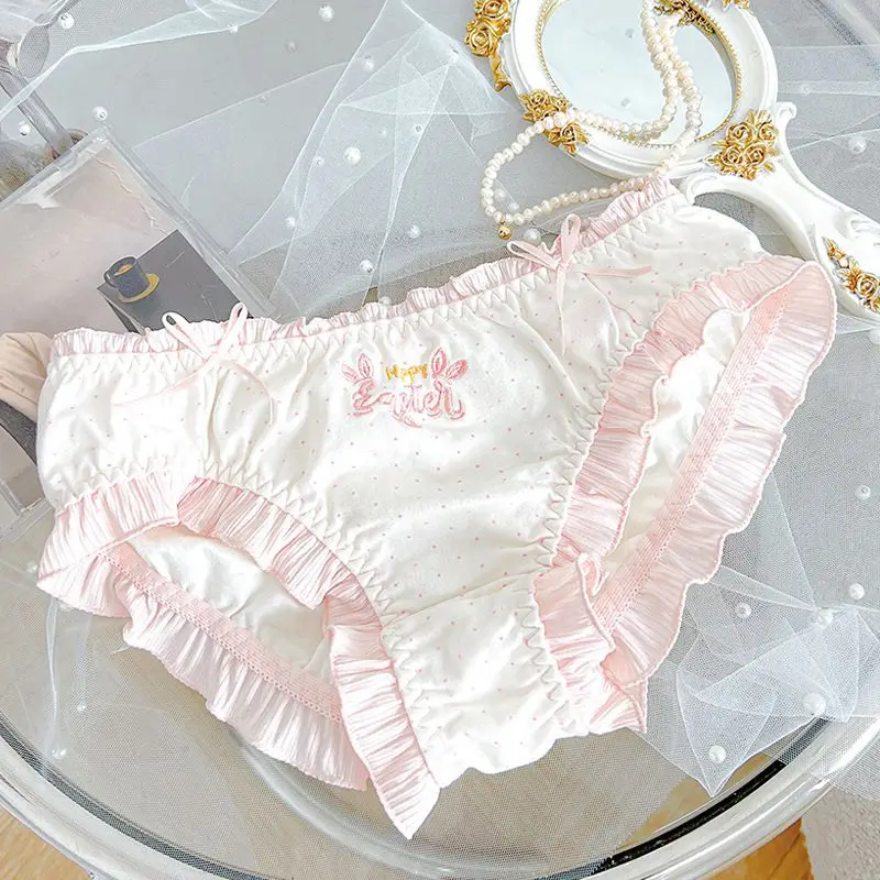 Women Cotton Ruffles Embroidery Soft Underwear Cute Lovely Sweety Princess Style Breathable Elasticity Panties Lolita Breifs