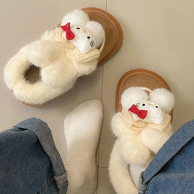 Hello Kitty Anime Kawaii MINISO Lovely Doll Snow Boots Female Cute Cartoon Plus Fleece Cotton Shoes Lovely Gifts for Girls