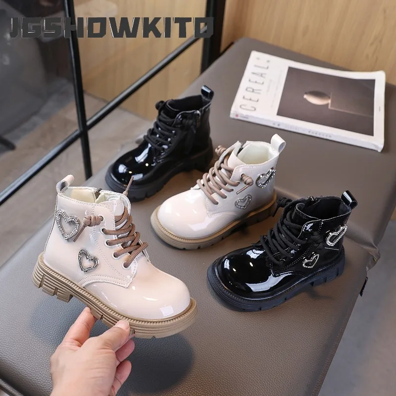 JGSHOWKITO Kids Rubber Boots for Boys Girls Double Heart Deco Fashion Classic Side Zipper with Rhinestone Love Shape Ankle Boots