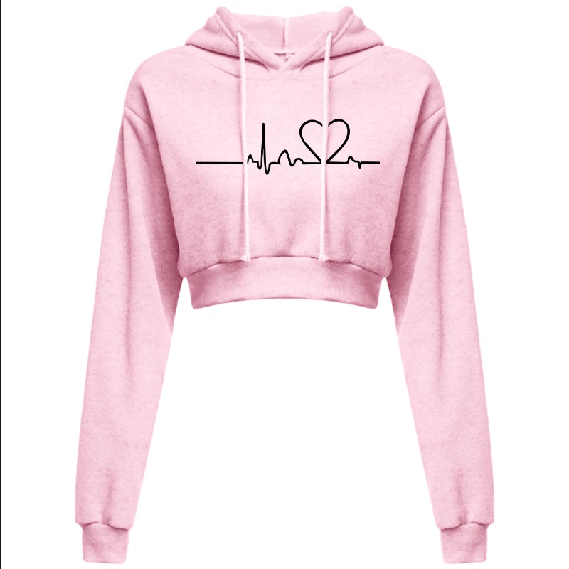 Women\'s Hooded Sweaters Hoodies Solid Color Long Sleeve ECG Prited Cropped Hooded Pullover