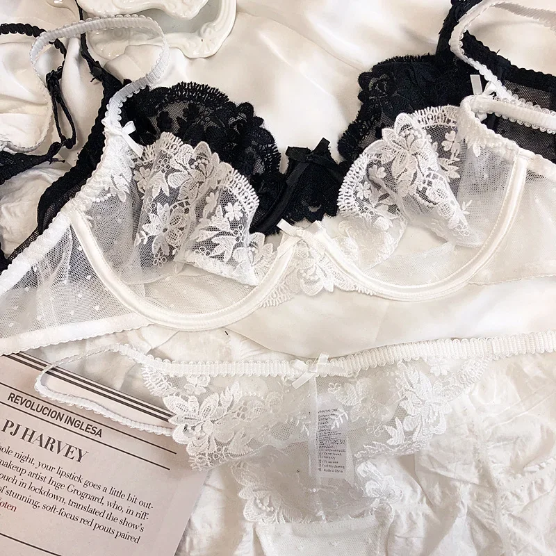 

Sexy embroidered lace bralette hollow steel ring lingerie with panties ultra-thin transparent hot underwear thong set bra