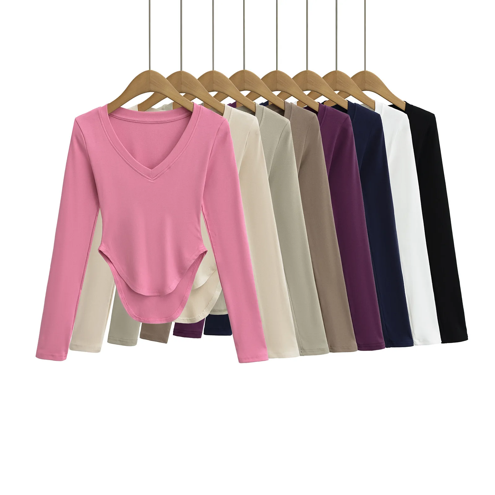 Hot girl's slim-fit T-shirt with heart-shaped neckline, fitness base top for women, spring/summer 2025, sexy curved design, CFPO
