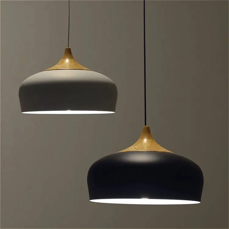 

Nordic Aluminum Big Lampshade Ceiling Chandelier Restaurant Island Table Bar Interior Lighting Design Wood Grain Pendant Lamp