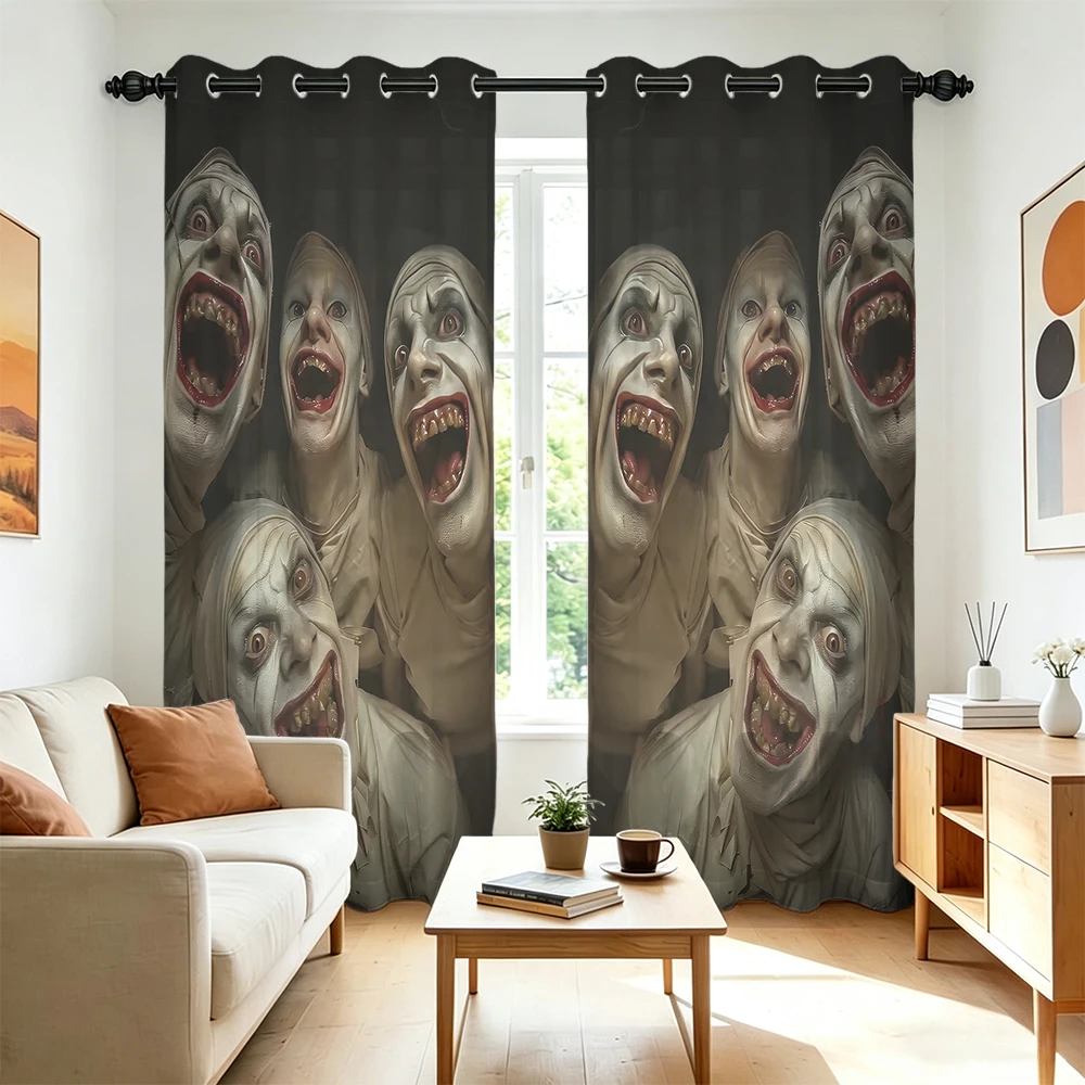 2pcs Symmetric Creepy Clown Group Double Sided Grommet Curtains Blackout Privacy Window Curtain For Bedroom Living Room Hallo