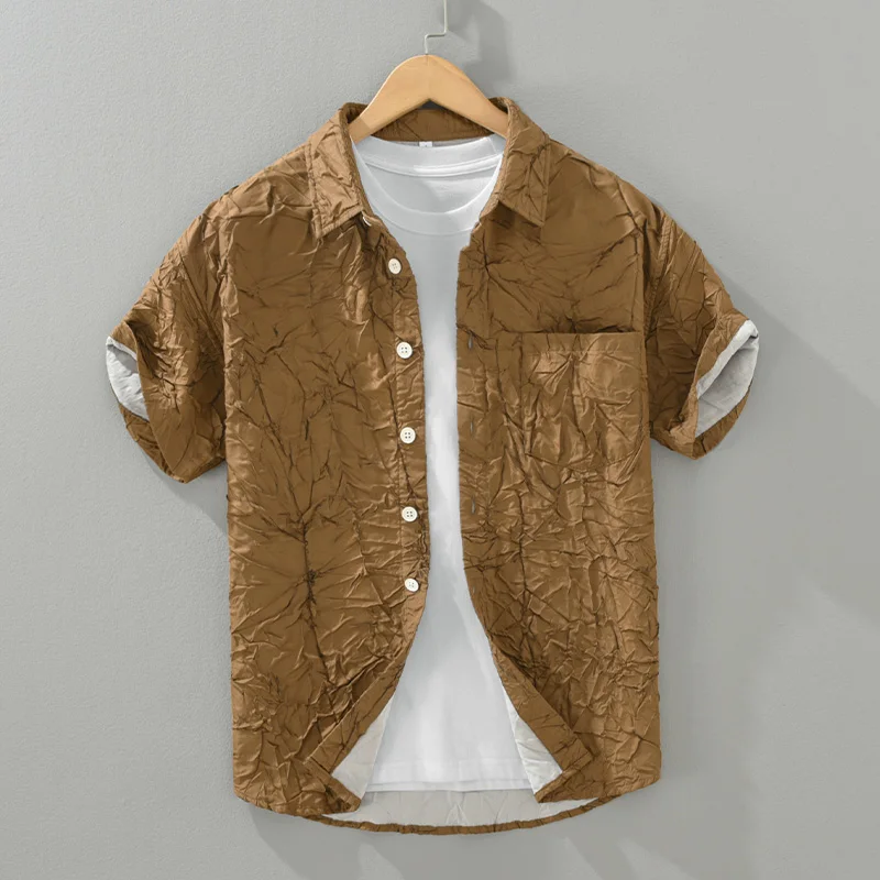 

Loose Men's Short Sleeve Shirt Textured Crack Pattern Summer Casual Fashion Breathable Polyester Cotton Blend Youth Popular