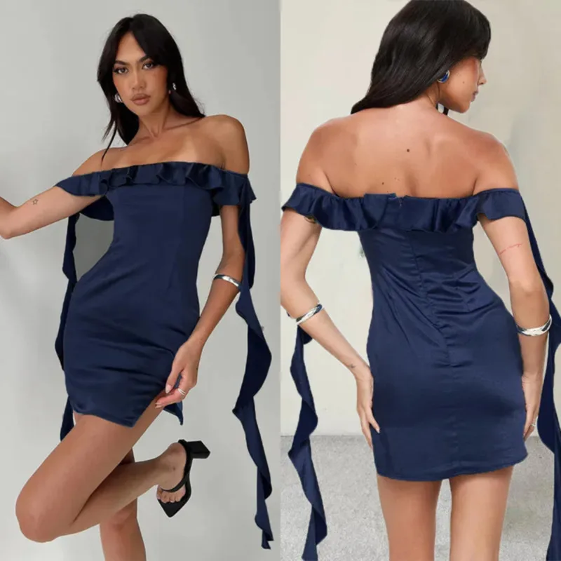 

Sexy Hollow Waist Open Slit Zipper Dress Elegant One Shoulder Chest Wrapped Mini Dress Fashionable Women's Ribbon Banquet Dress
