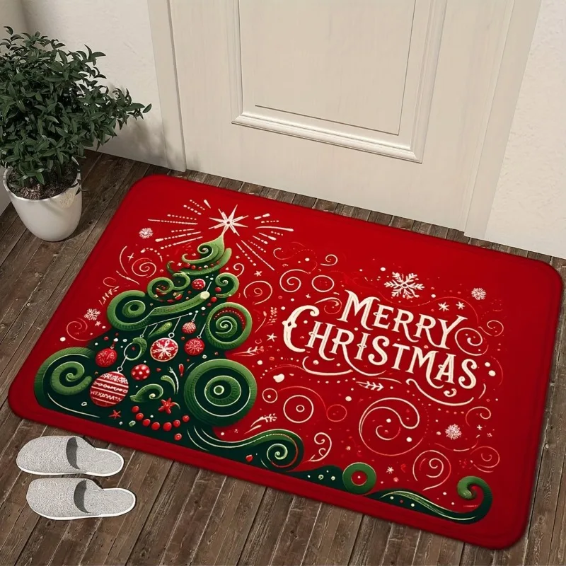 Christmas Doormat Mats Medium Pile Made Red with Tree Design for Entrance Kitchen Living Room Bedroom Laundry Holiday Floor Mat