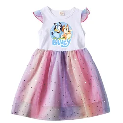 Summer Bluey Dress Cartoon Bingoes Dress Flying Sleeve Skirt Baby Mesh Girly Heart Princess Skirt Children Birthday Gift Clothes