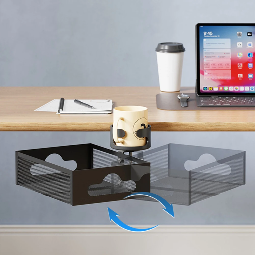 Under Desk Cable Management with Cup Holder Steel Cable Tray Under Desk Organizers No Drill 360° Hidden Storage Box for Office
