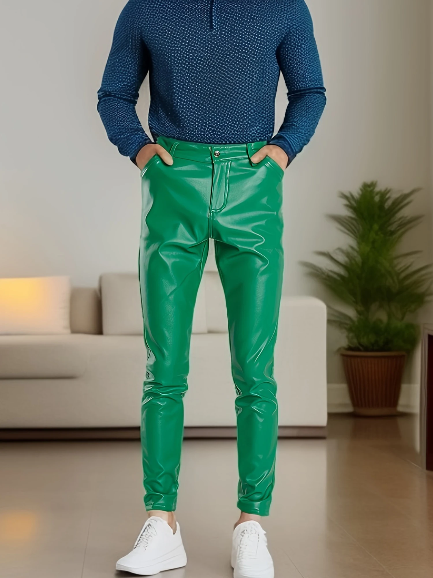 

Men's hip lifting trendy leather pants, elastic slim fit trendy colorful tight fitting bar sexy green leather pants