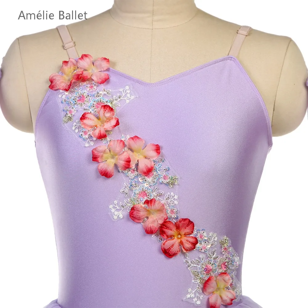 Costumes de Ballet pour filles adultes, vêtements de danse sur scène, corsage en Spandex lilas avec garniture florale, Costumes de Ballet romantiques, nouvelle collection 25076