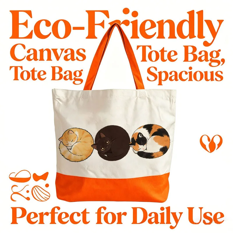 

1PC Large Capacity Canvas Bag with Three Cats Design Single Shoulder Handbag Tote Bag for Women