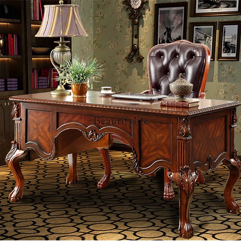 American small desk solid wood European retro engraving 1.35m 1.5m study