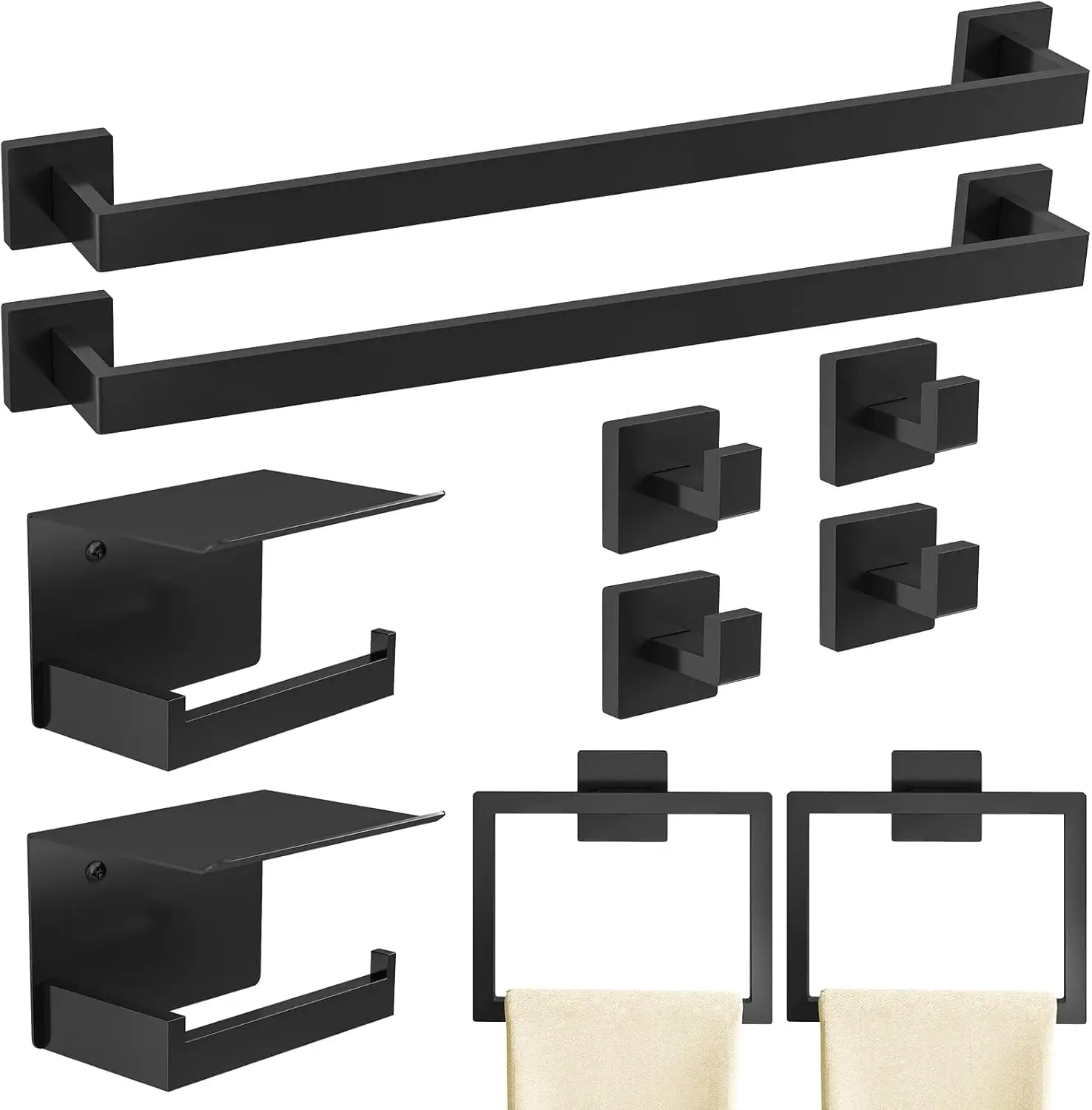 

10-Piece Matte Black Bathroom Set. 24" Towel Bar. Stainless Steel Racks. Wall-Mounted.