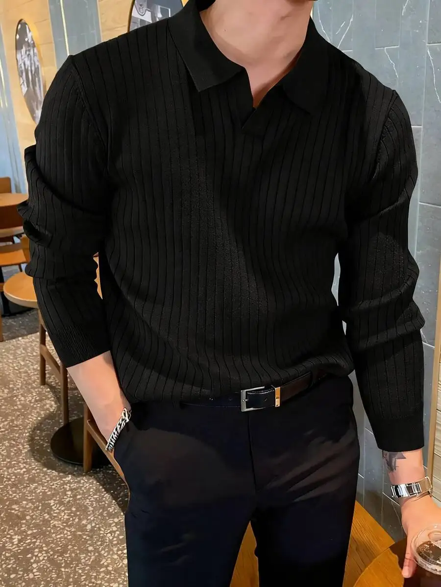 

Men's Black Ribbed Knit Long Sleeve Polo Shirt, Loose Fit for Spring Autumn Casual Wear