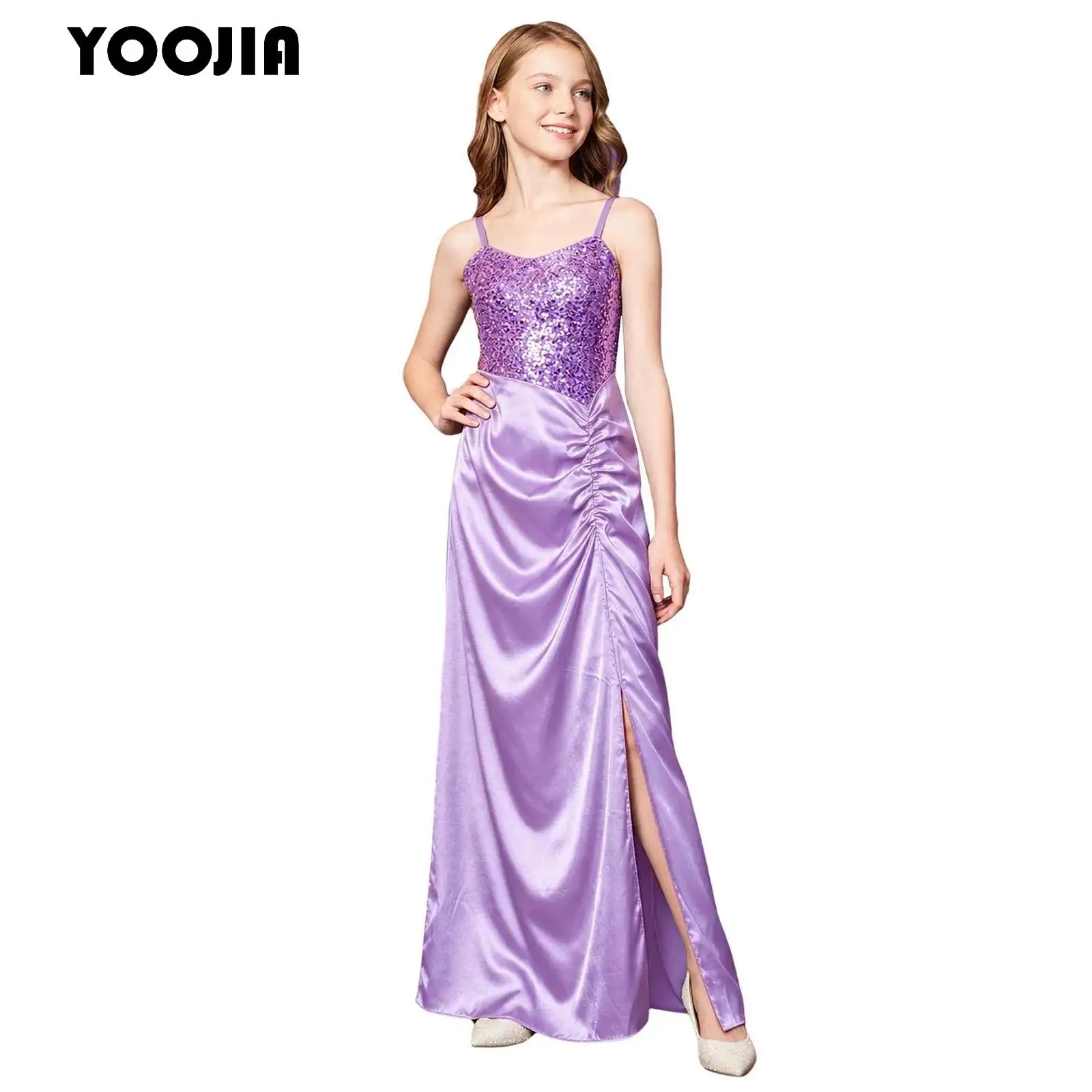 Elegant Girls Wedding Party Bridesmaid Dress Child Sequins Bodice Side Split Ruched Satin Dress Kids Birthday Prom Evening Gown