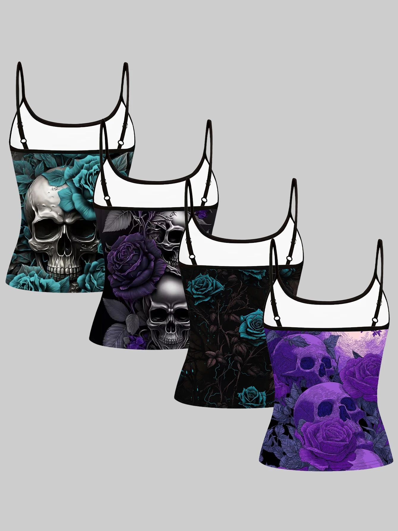 Women's 4-Piece Printed Camisole Set with Blue Rose and White Skull, Purple Rose and Silver Skull, Black Background with Green Rose, Purple Rose and Purple Skull Patterns, Slim-Fit Sleeveless Tops for Outerwear