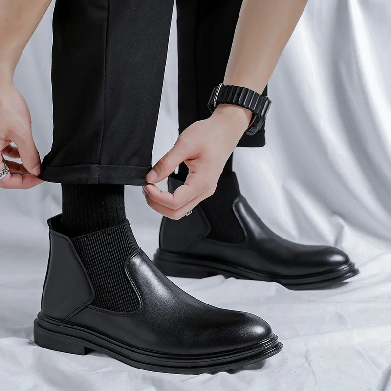 

New Black Autumn Winter British Men Casual Leather Shoes Dress Ankle Boots Business Wedding Chelsea Boots Pointed Toe Slip-On