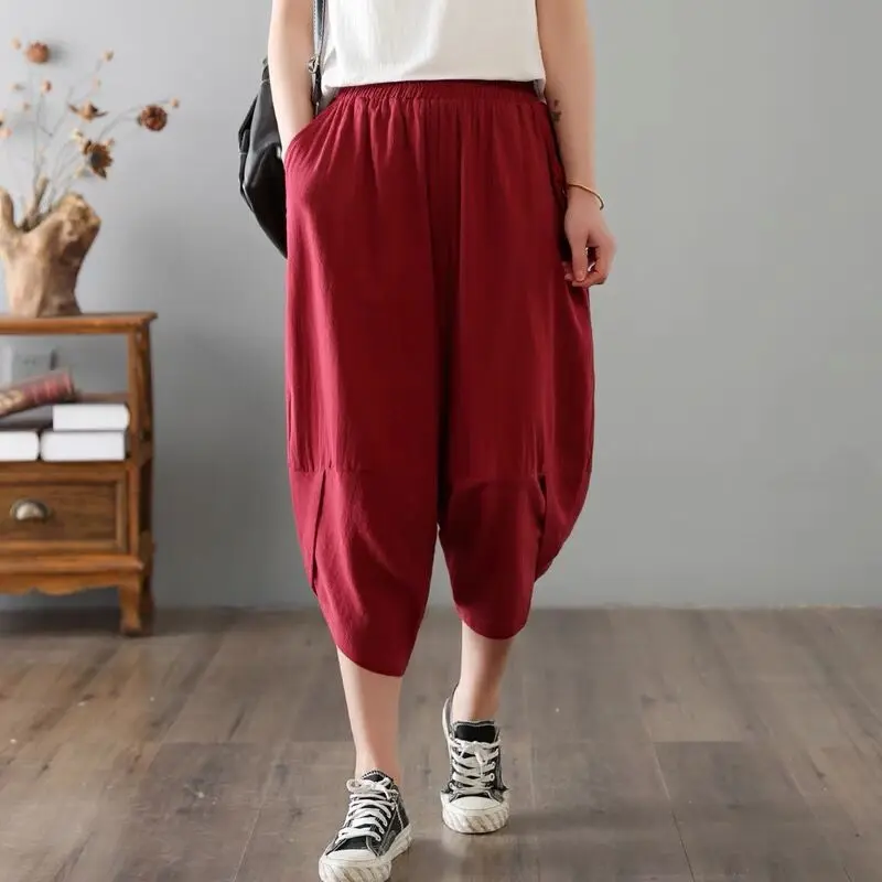 Men Cotton Linen Baggy Pockets Pants Men Hanging Crotch Hip Hop Bloomers Pants Men Calf Length Cross Pants Drawstring Trousers