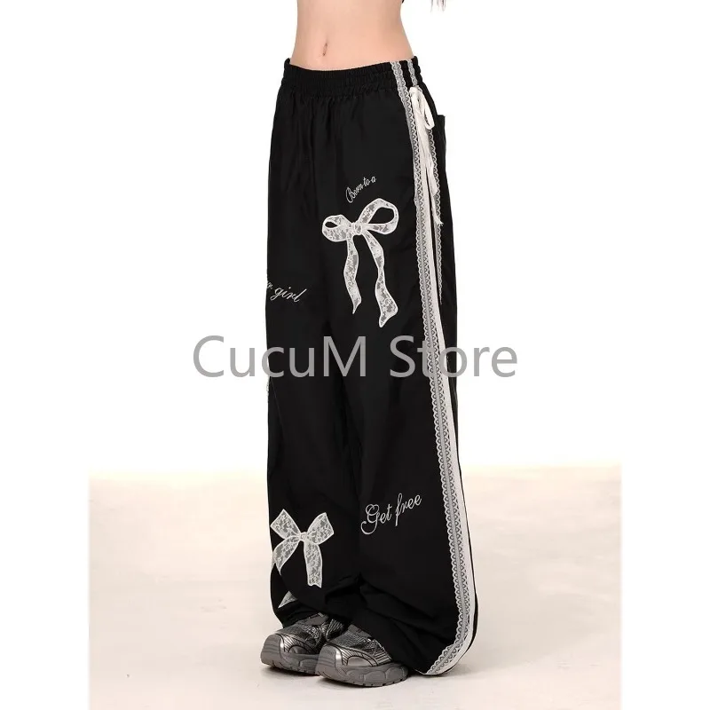 New Aesthetic Sweet  Wide Leg Pants High Waist Bow Lace Baggy Pants Female Y2k Loose Elastic Waist Trousers Women Desigr Chic