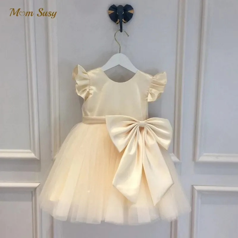 Baby Girl Princess Pearl Beading Satin Dress Fly Sleeve Child Vintage Big Bow Vestido Party Pageant Birthday Frocks 1-14Y