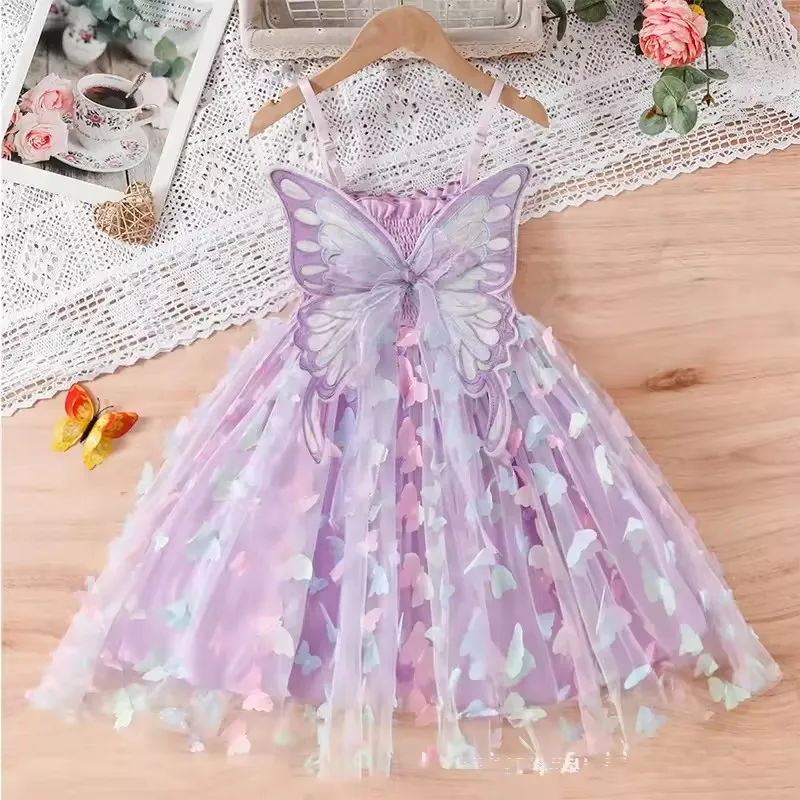 Baby Girls Big Butterfly Wings Gauze Princess Dress Lovely Kids Summer Sleeveless Tulle Sling Dress Children Birthday Party Gown