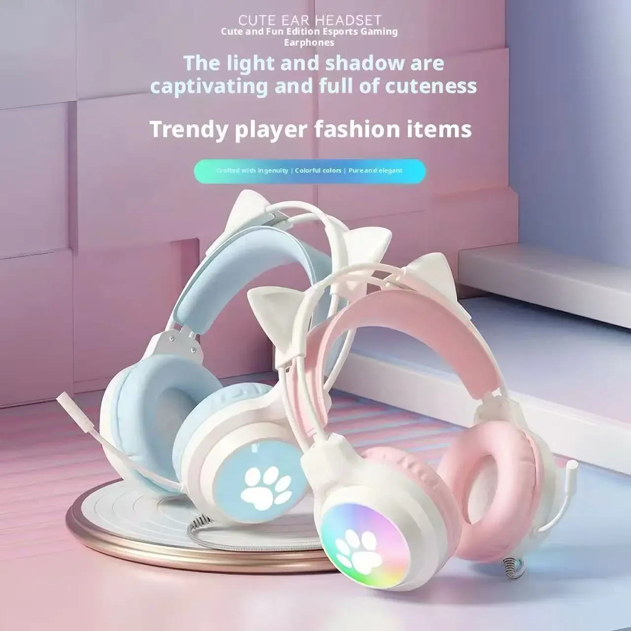 SOYTO Cat Ear Gaming Headset for Live Stream RGB Light Wired Over-Ear Headphones Cute High Aesthetic Noise Cancelling Deep Bass