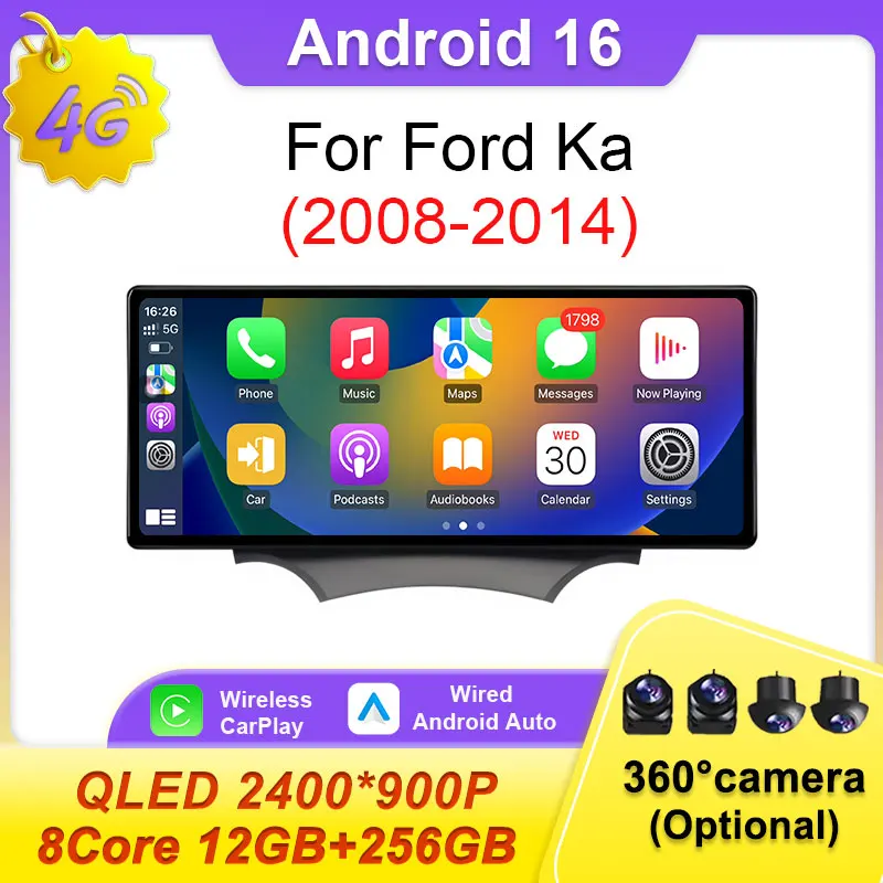 

12.3'' Android 16 Автомагнитола для Ford Ka 2008-2014 с беспроводным CarPlay, видео, мультимедиа, стерео, BT, GPS-навигацией и экраном