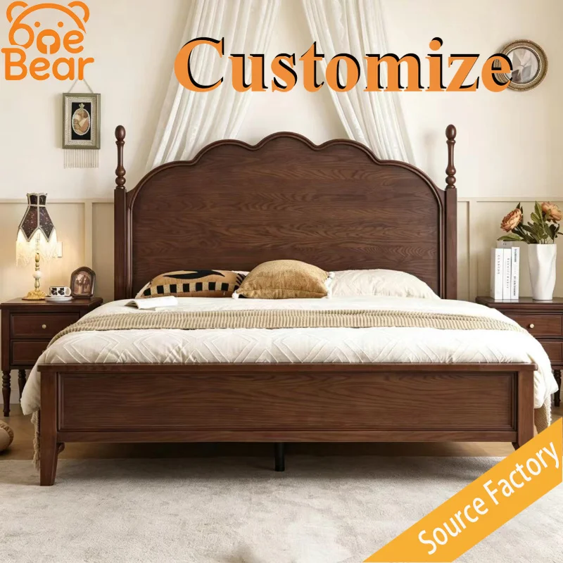 Any Size Custom French Vintage Mid Century Natural Solid Wood Storage Bed Eco Friendly Stain Resistant Master Bedroom Double Bed