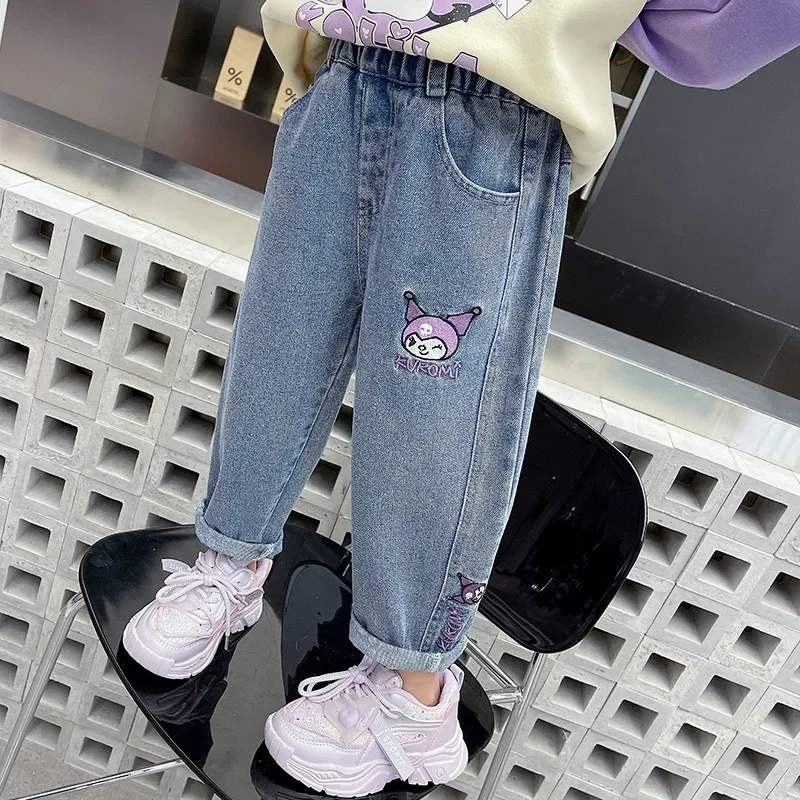 New Sanrio Jeans Korean Cartoon Kawaii Kuromi Children\'s Embroidered Versatile Pants Cute Girls Spring and Autumn Pants