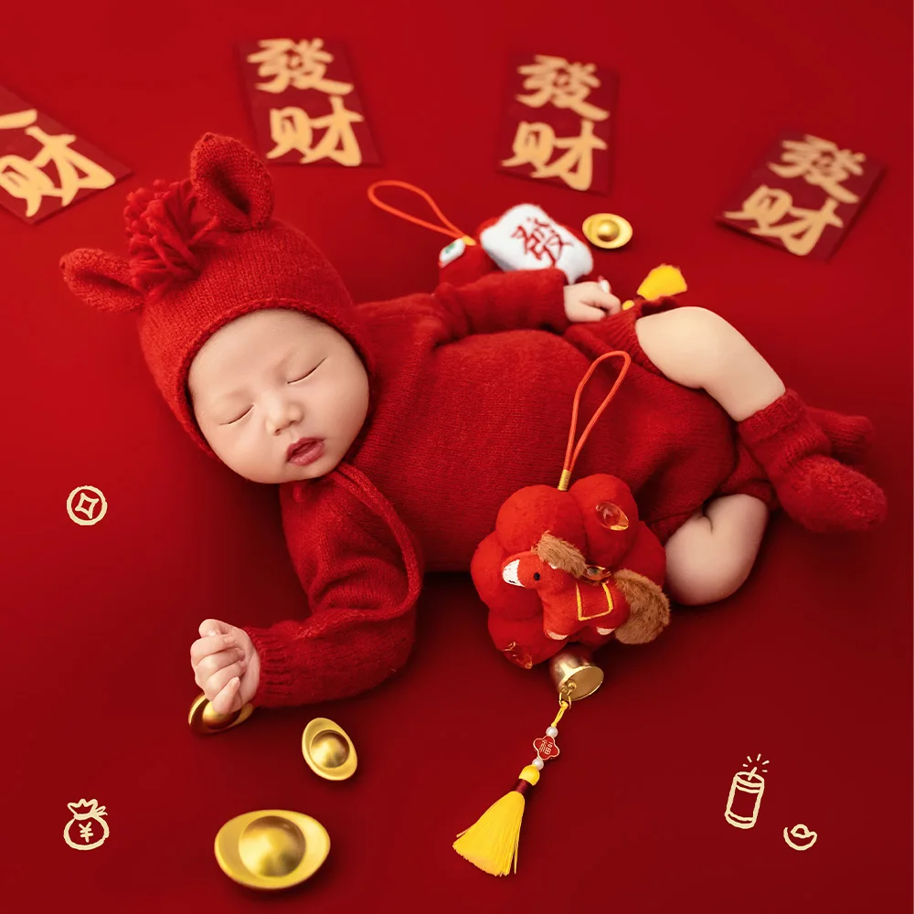 Pakaian Fotografi Bayi Baru Lahir Bertema Kuda, Set Romper Rajut Merah dengan Topi Bertelinga, Kostum Foto Studio Bertema Kuda