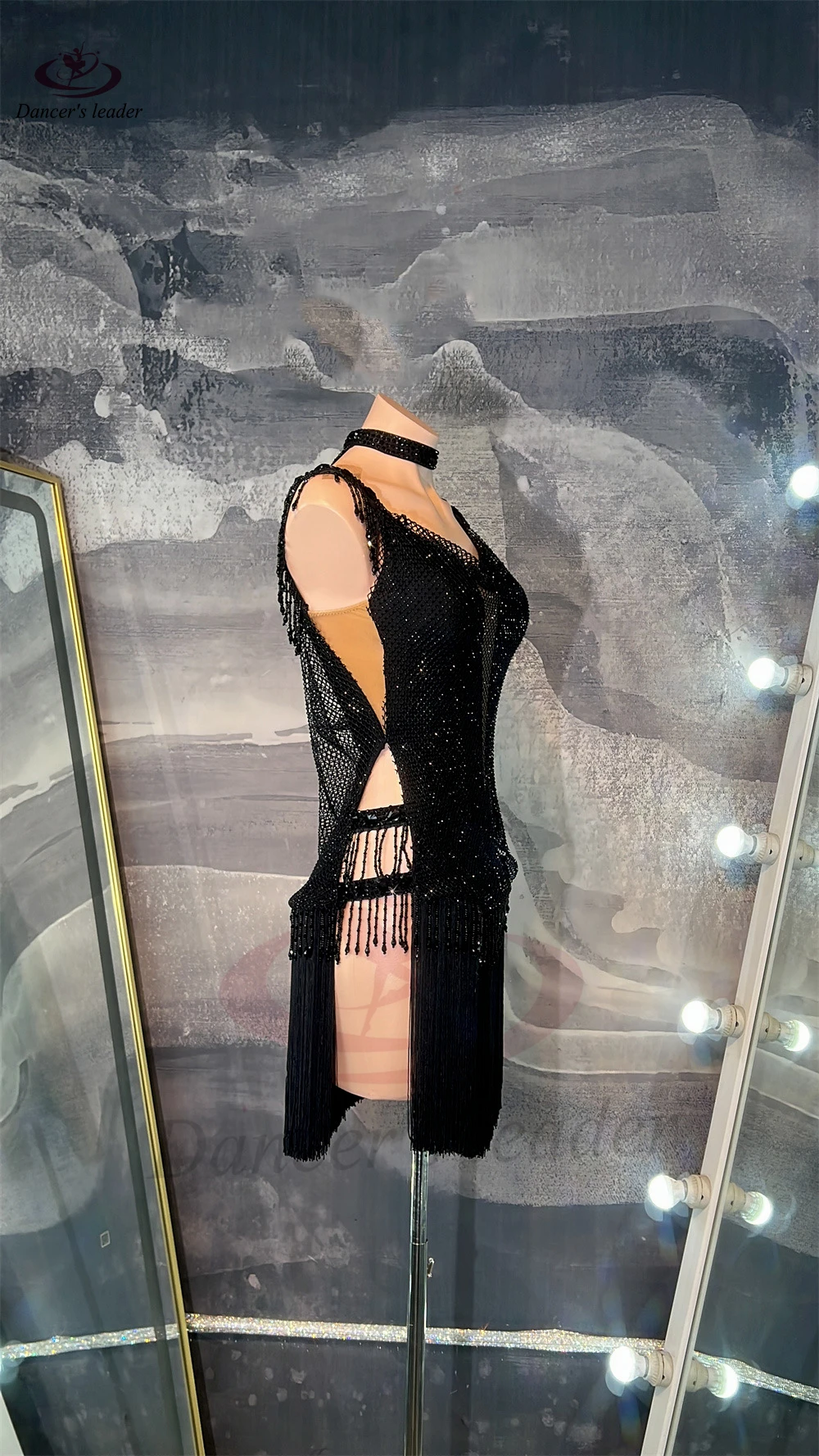 Vestido de baile latino AB Stone para mujer y adulto, vestido de flores de malla de diamante negro personalizado de gama alta, vestido de Samba de piscina negro