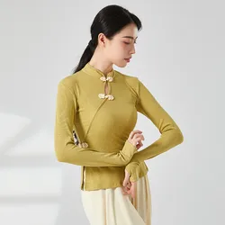 Classical Dance Practice Clothes Chinese Style Cheongsam Neck Finger Sleeve Tops Split Hem Elegant Pretty Stylish Women Clothing