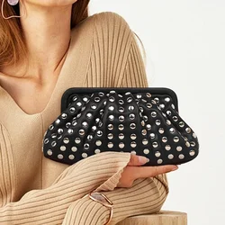 Punk Rivet Pouch Designer Women Handbags Fashion Clutch Bags for Women 2024 Soft PU Leather Dumpling Bag New Cloud Purses Ladies