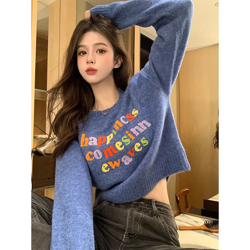 Multicolor Letter Embroidered Pullovers Women Autumn Winter Sweet Fashion Long Sleeve Sweater Casual All-match Knitwear Tops